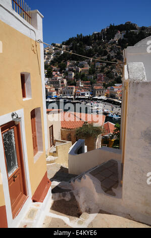 Steep alley in town of Symi on Greek island of Symi Stock Photo
