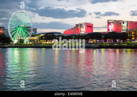 Brisbane Australia,Southbank,The Brisbane Wheel,Ferris,Brisbane River,Queensland Performing Arts Centre,center,dusk,night,AU140316179 Stock Photo