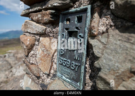Close up of Ordnance Survey Trig point on High Seat, Lake District, Cumbria Stock Photo