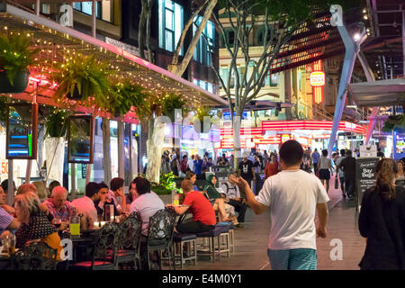 Brisbane Australia,Queen Street Mall,night evening,restaurant restaurants food dining cafe cafes,al fresco sidewalk outside tables,shopping shopper sh Stock Photo