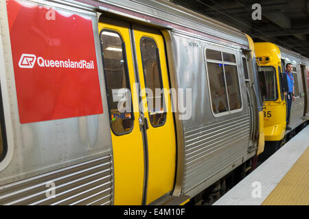 Brisbane Australia CBD,Central Station,QueenslandRail,Rail,railway,train,platform,AU140317005 Stock Photo