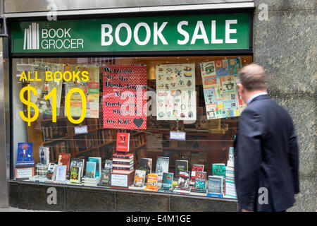 Melbourne Australia,Collins Street,The Book Grocer,books,sale,bookstore,window display sale front,shopping shopper shoppers shop shops market markets Stock Photo