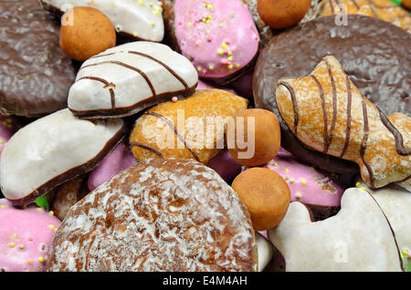 gingerbread, gingerbread cookies and potatoes of marzipan, close up, full frame Stock Photo