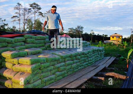 Cement downloading in Panguana. Department of Loreto .PERU Stock Photo