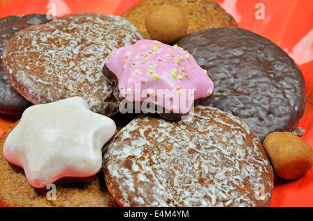 gingerbread, gingerbread cookies and potatoes of marzipan, close up, full frame Stock Photo