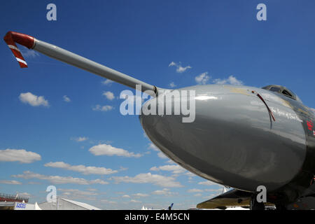 Farnborough, UK. 14th July, 2014. The nose of the venerable Vulcan bomber on display at the Farnborough International Air Show Farnborough, UK. 14th July, 2014. Credit:  Martin Brayley/Alamy Live News