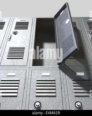 A perspective view of a stack of grey metal school lockers with combination locks and one with an open door on an isolated backg Stock Photo