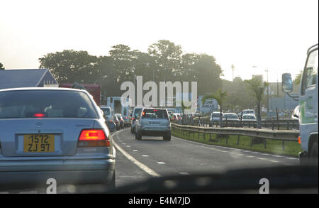 a traffic jam on the M2 motorway in Mauritius