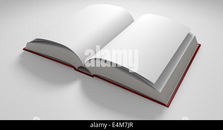 A regular hard cover book open in the middle with blank white pages on an isolated white background Stock Photo