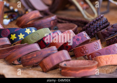 Store handmade  leather belts, spanish medieval fair Stock Photo