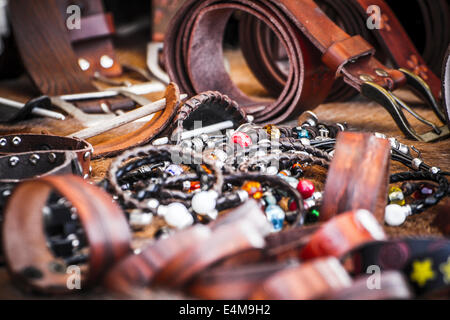 Store handmade  leather belts, spanish medieval fair Stock Photo