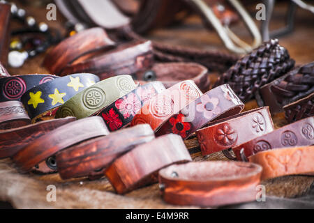 Store handmade  leather belts, spanish medieval fair Stock Photo