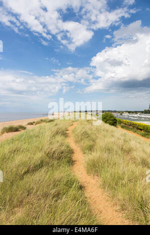 Path through grassy sand dunes on the north Norfolk coast at Heacham with big sky, blue sky with white fluffy clouds Stock Photo
