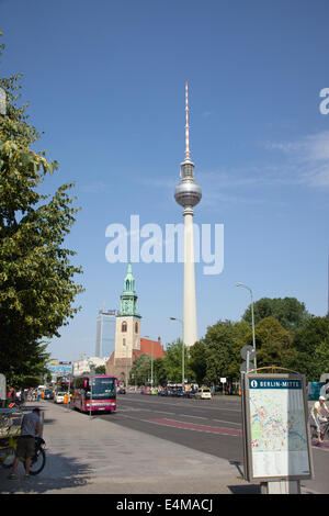 Germany, Berlin, Mitte, Fernsehturm TV Tower seen from Karl-Liebkneckt-Strasse. Stock Photo
