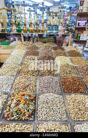 Spices, nuts and seeds for sale in the old markets or souks, Dubai, UAE. Stock Photo