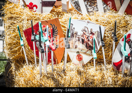 handmade wooden swords in a medieval fair Stock Photo