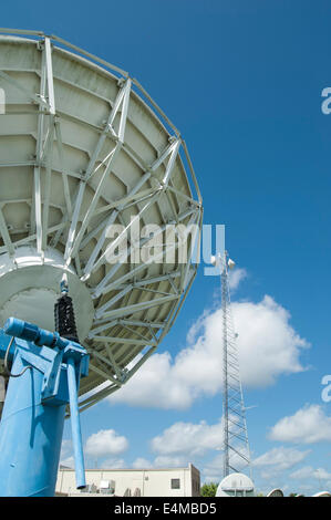 Satellite dish and microwave tower at television station Stock Photo