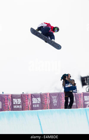 Ben Kilner (GBR) competing in Men's Snowboard Halfpipe at the Olympic Winter Games, Sochi 2014 Stock Photo