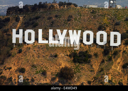 The Hollywood Sign, Mount Lee, Hollywood Hills, Hollywood, Los Angeles, California, USA - aerial Stock Photo