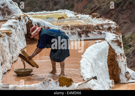 Maras, Peru - July 23, 2013: woman working at Maras salt mines in the peruvian Andes at Cuzco Peru on july 23, 2013 Stock Photo