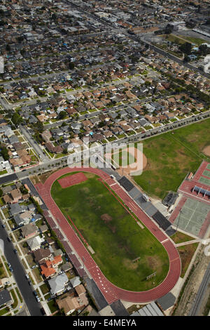 Athletics track and football field, Hawthorne, Los Angeles, California, USA - aerial Stock Photo