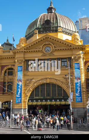 Melbourne Australia,Flinders Street Station,Metro Trains Rail Network,train,front,entrance,dome,building,AU140318111 Stock Photo