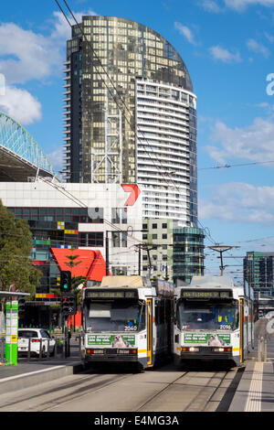 Melbourne Australia,Docklands,Harbour Esplanade,Yarra Trams,tram,trolley,tramway,Etihad Stadium,Watergate,high rise,condominium residential apartment Stock Photo