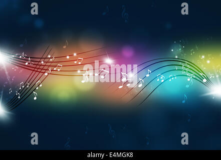 music notes and blurry lights on dark multicolor background Stock Photo