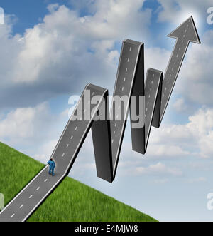 Financial outlook profit road and career aspirations business concept as a businessman standing in front of an arrow path that is shaped as a stock market graph diagram as a symbol of wealth success and finance forecasting. Stock Photo