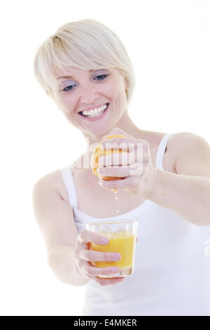 Young woman squeeze orange juice Stock Photo