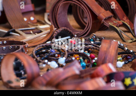 Store handmade  leather belts, spanish medieval fair Stock Photo