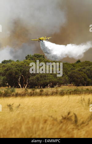 Aerial fire fighting a bush fire using a crop duster airplane in Banjup, Western Australia. Stock Photo