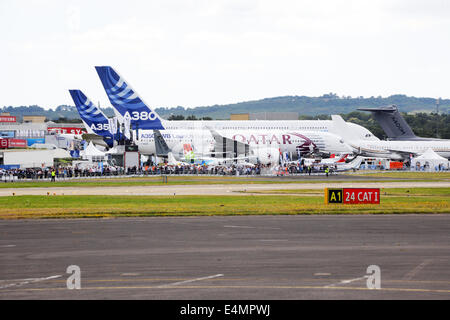 Farnborough, UK. 14th July, 2014. The Airbus A350 and A380 viewed from 'air side' at the Farnborough International Airshow 2014,  Farnborough, UK. 14th July, 2014 Credit:  Martin Brayley/Alamy Live News Stock Photo