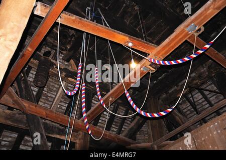 Bell ringing ropes inside St Marys church bell tower, Pembridge, Herefordshire, England, UK, Western Europe. Stock Photo