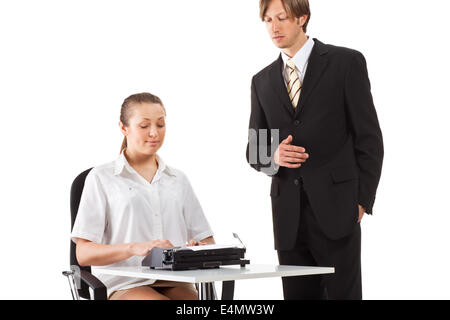 Two businesspeople working with typewriter Stock Photo