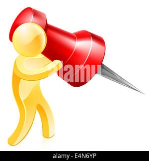 A person holding a huge thumb tack or map pin about to pin something Stock Photo