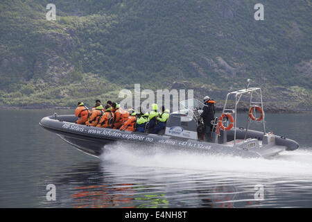 Speedboat Trollfjord, Lofoten Islands, Norway Stock Photo
