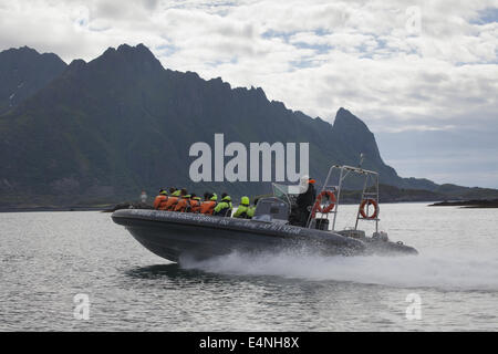 Speedboat Trollfjord, Lofoten Islands, Norway Stock Photo