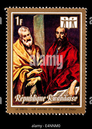 Postage stamp from Rwanda depicting the El Greco painting 'Apostles Peter and Paul' Stock Photo