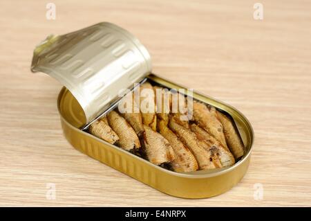 Appetizing sprats in a tin Stock Photo