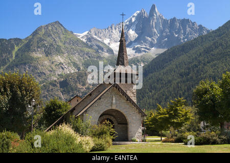 Chapel of Les Praz de Chamonix and the Drus in Haute-Savoie, France. Stock Photo