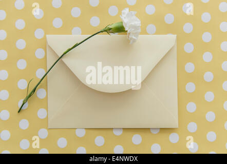 Studio Shot of flower and envelope on yellow background Stock Photo