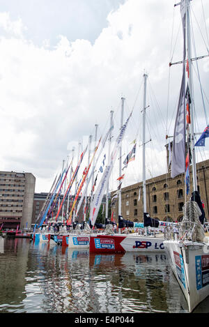 London, UK, 12/07/2014 : Clipper 70 sailing yachts moored up in St Katharines Docks following the finish of the Clipper Round The World race.. Picture by Julie Edwards Stock Photo