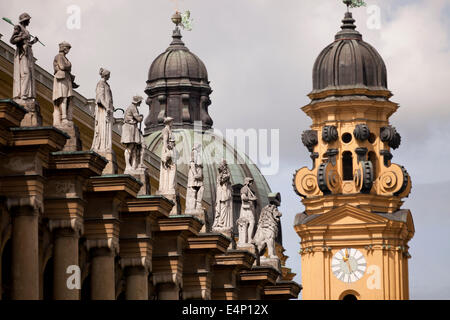 statues of the Residence and the towers of The Theatine Church of St. Cajetan, Munich, Bavaria, Germany Stock Photo