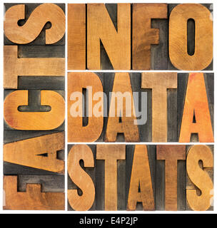 information, data, facts, stats word abstract - isolated text in vintage letterpress wood type printing blocks Stock Photo