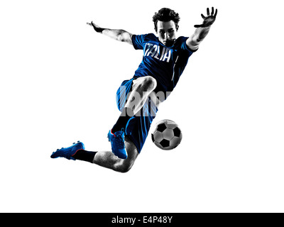 one italian soccer player man playing football jumping in silhouette white background Stock Photo