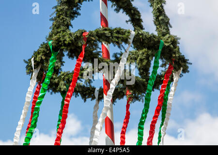 Maypole, erected by the local volunteer fire department, Stock Photo