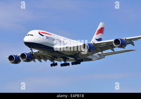 British Airways Airbus A380 plane approaching Heathrow runway for landing at London Heathrow Airport Stock Photo