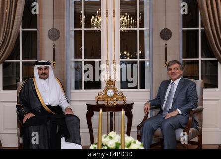 (140716) -- ANKARA, July 16, 2014 (Xinhua)-- Turkish Presidnet Abdullah Gul (R) hold talks with visiting Qatar's Emir Sheikh Tamim bin Hamad bin Khalifa al-Thani in Ankara, Turkey, July 15, 2014. (Xinhua/Turkish Presidential Palace) (dzl)