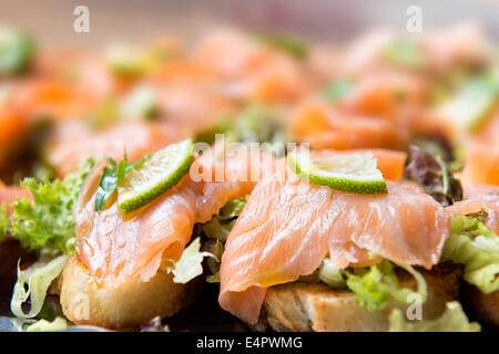 Image of salmon sandwiches with lime on a serving plate Stock Photo